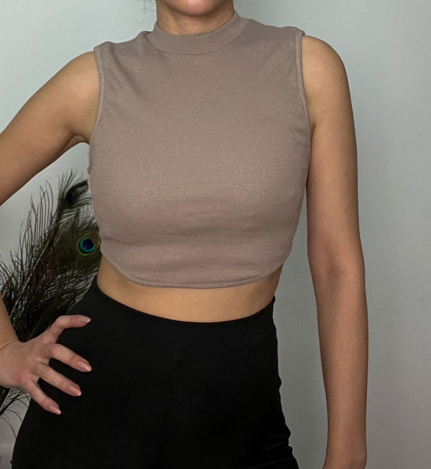 Heda Beige Backless Ribbed Crop Top - heda collection