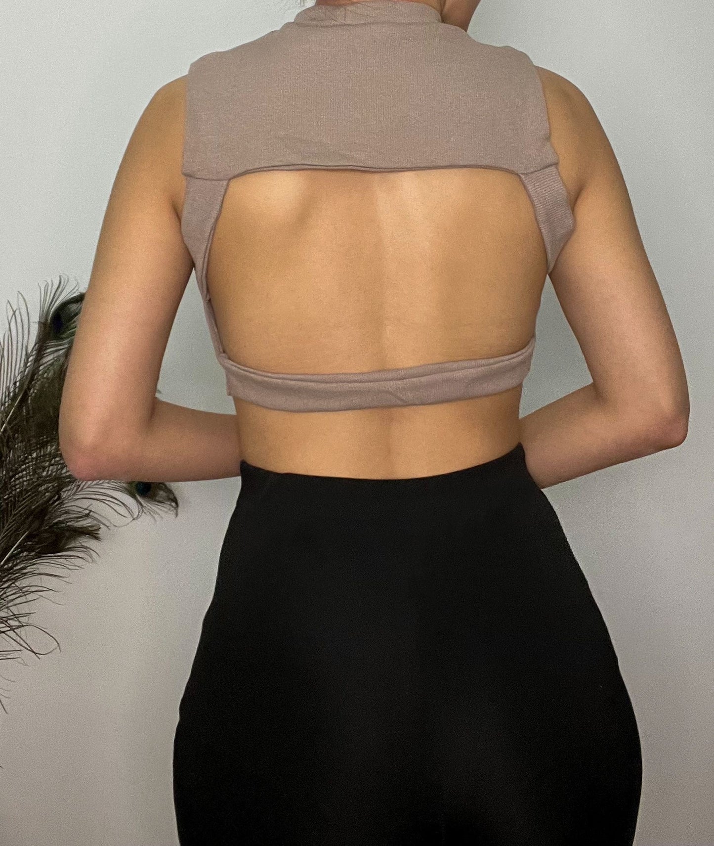 Heda Beige Backless Ribbed Crop Top - heda collection