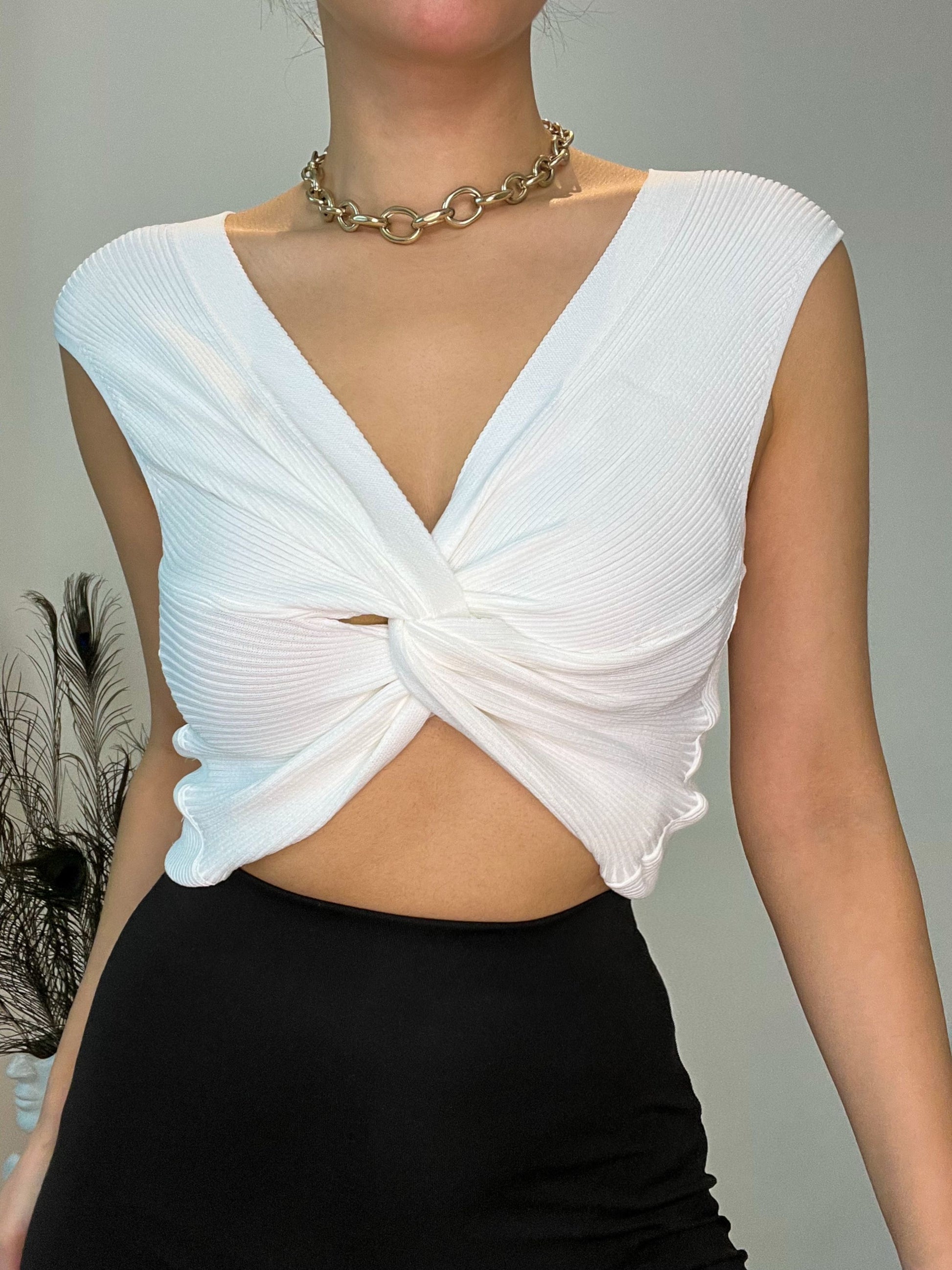 Heda Twist Front Knitted Sleeves White Crop Top - heda collection