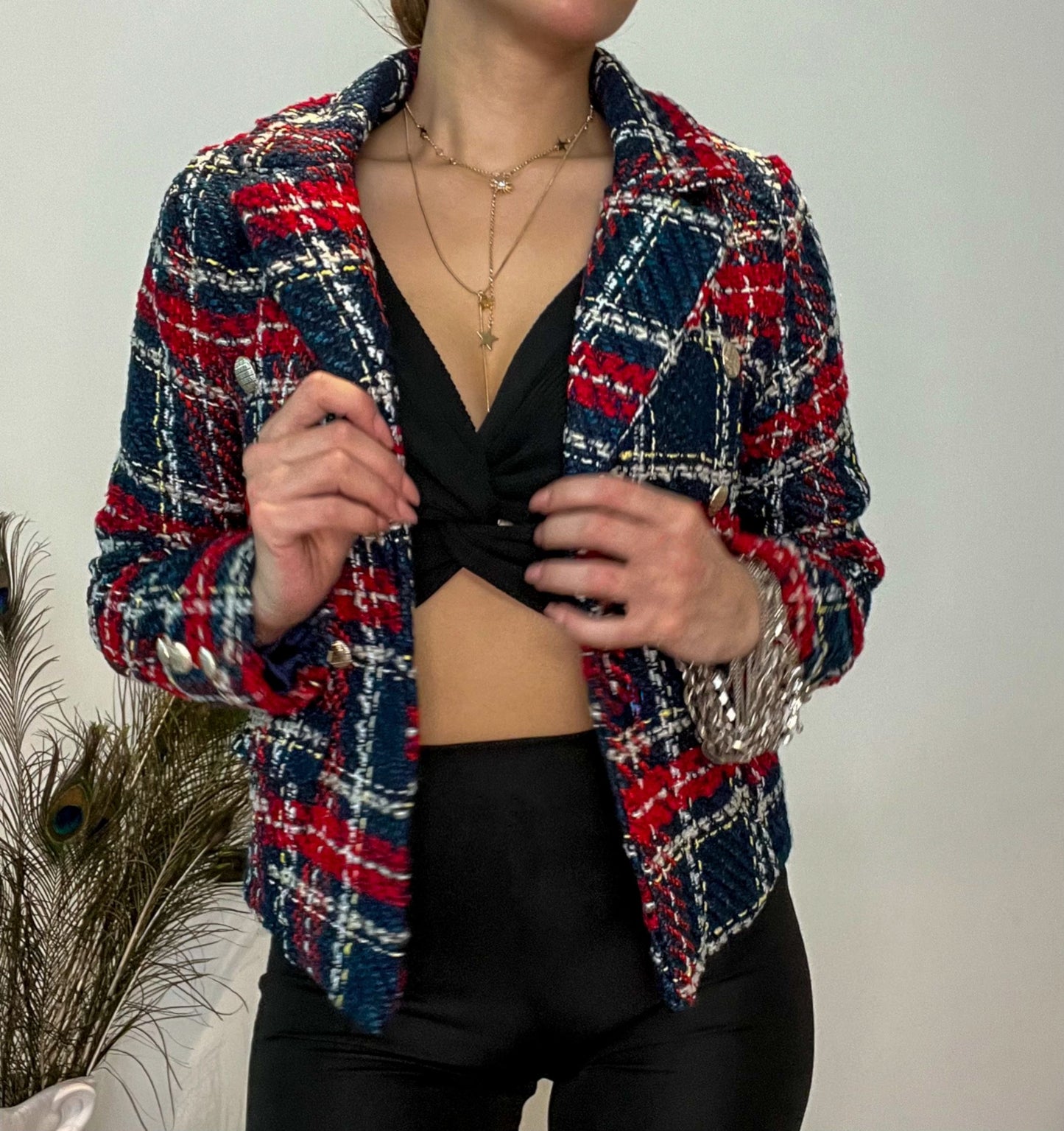 Heda Red Plaid Shacket Notched Jacket - heda collection