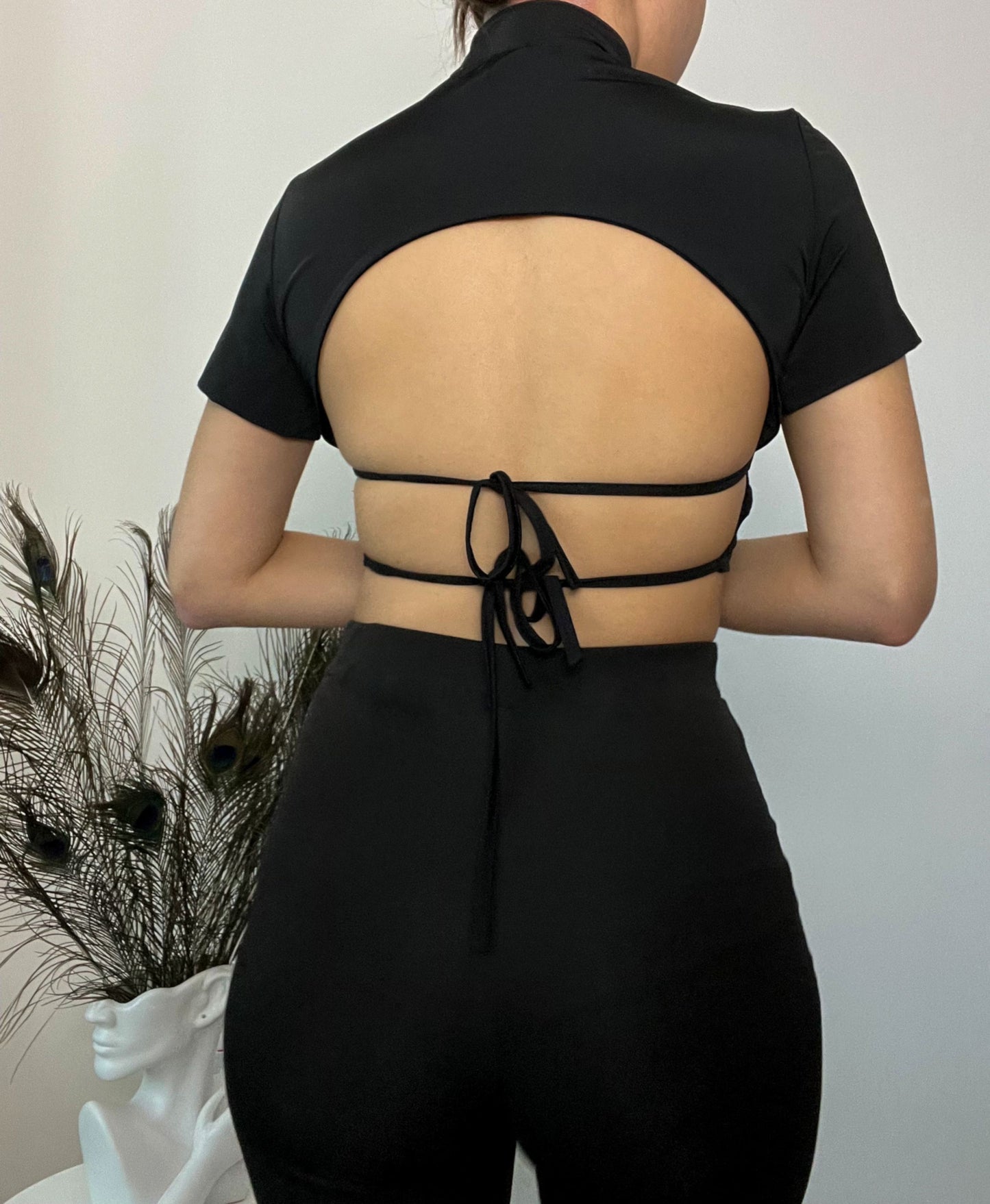 Heda Black High Neck Tie Back Short Sleeve Crop Top - heda collection